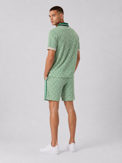 Striped Collar Lime Green Printed Cotton T-Shirt & Shorts Set