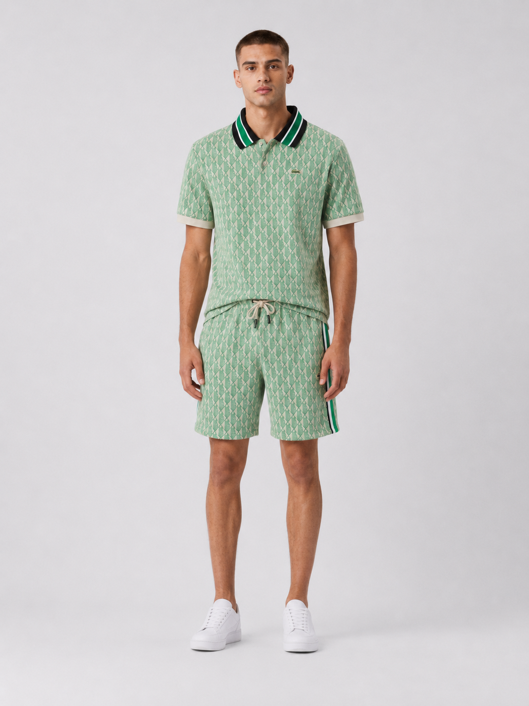 Striped Collar Lime Green Printed Cotton T-Shirt & Shorts Set