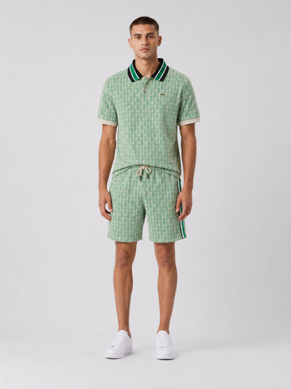 Striped Collar Lime Green Printed Cotton T-Shirt & Shorts Set