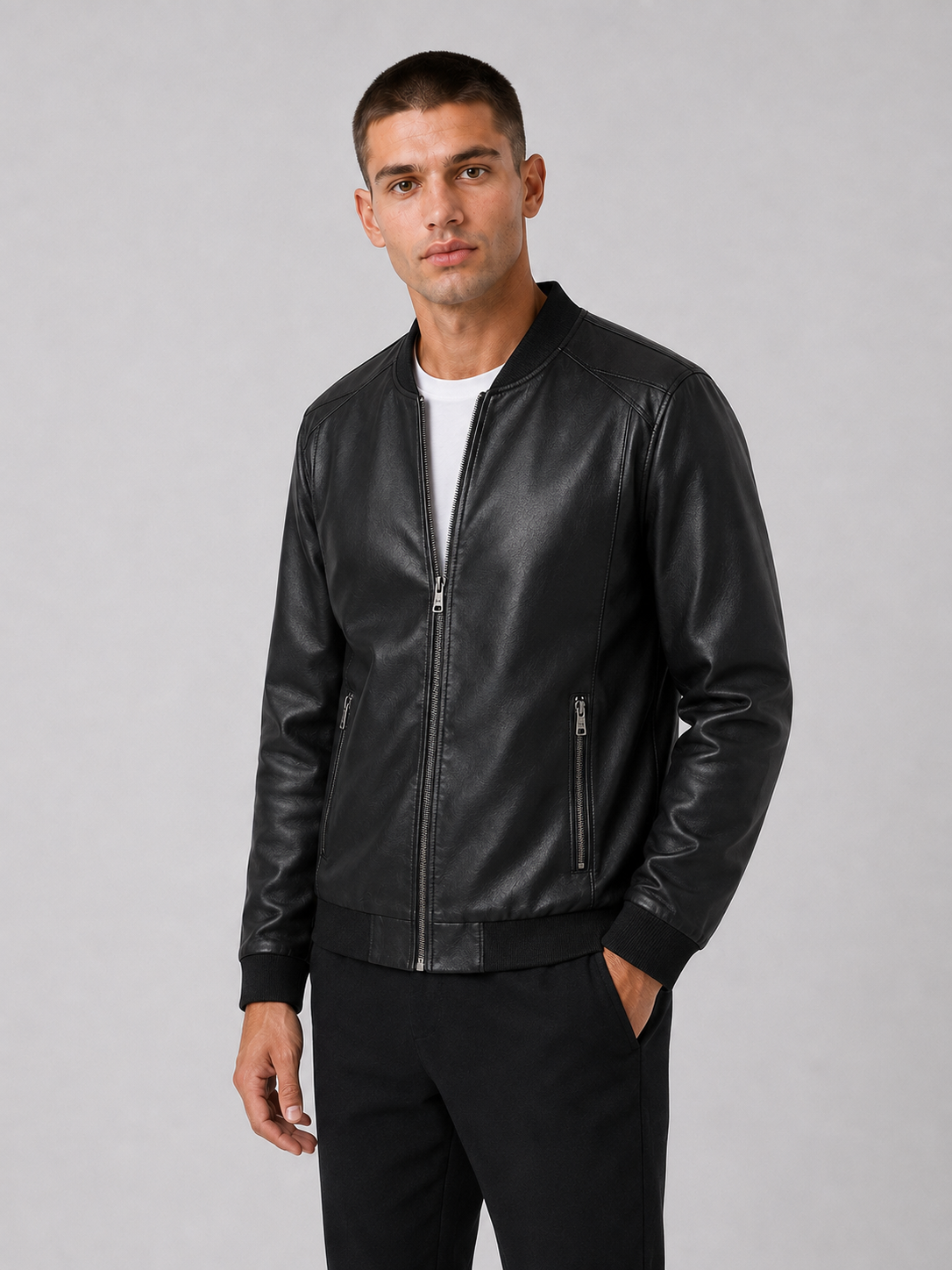 PU Leather Baseball Collar Jacket