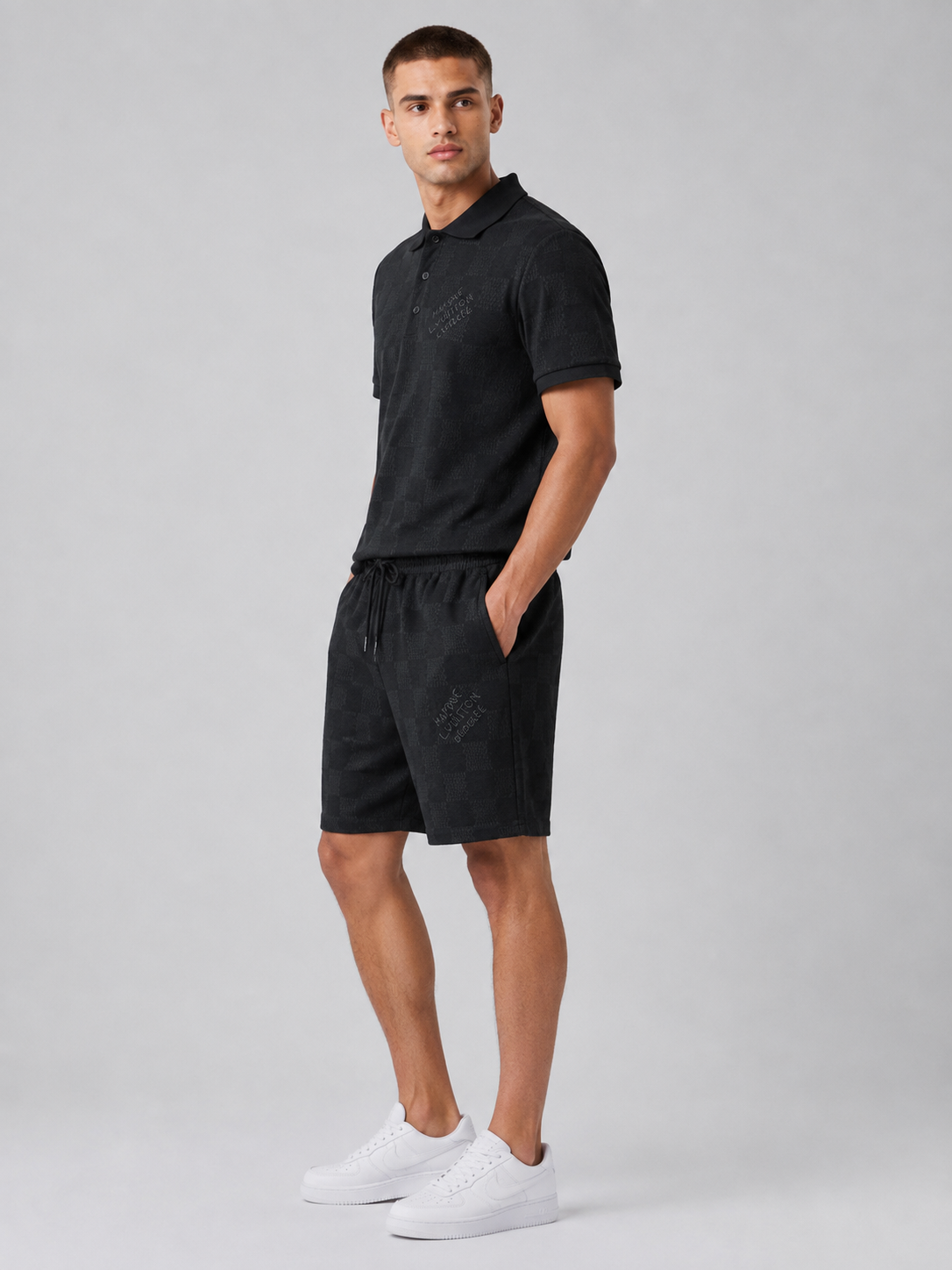 Black Textured Polo Shirt & Shorts Set