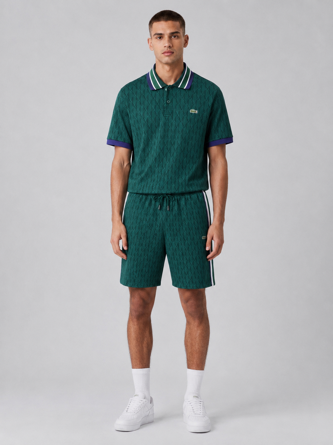 Striped Collar Green Printed Cotton T-Shirt & Shorts Set