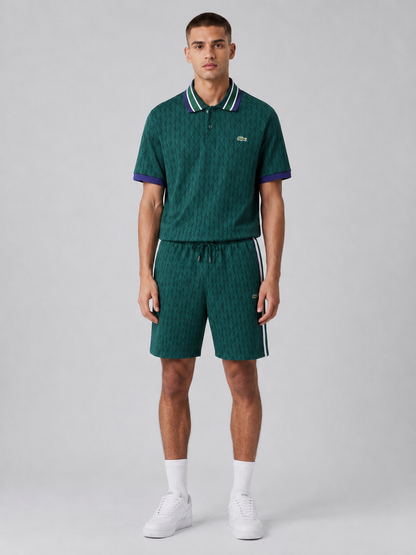 Striped Collar Green Printed Cotton T-Shirt & Shorts Set