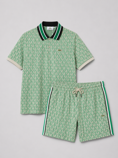 Striped Collar Lime Green Printed Cotton T-Shirt & Shorts Set