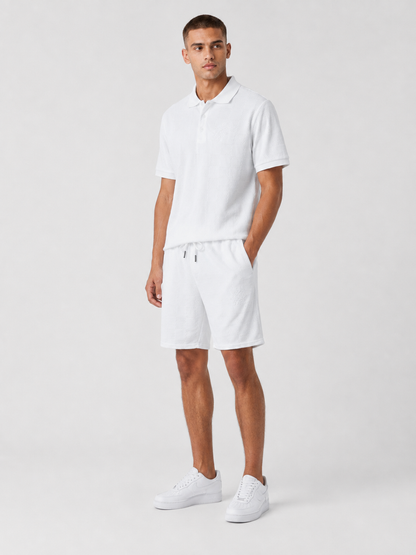 White Textured Polo Shirt & Shorts Set
