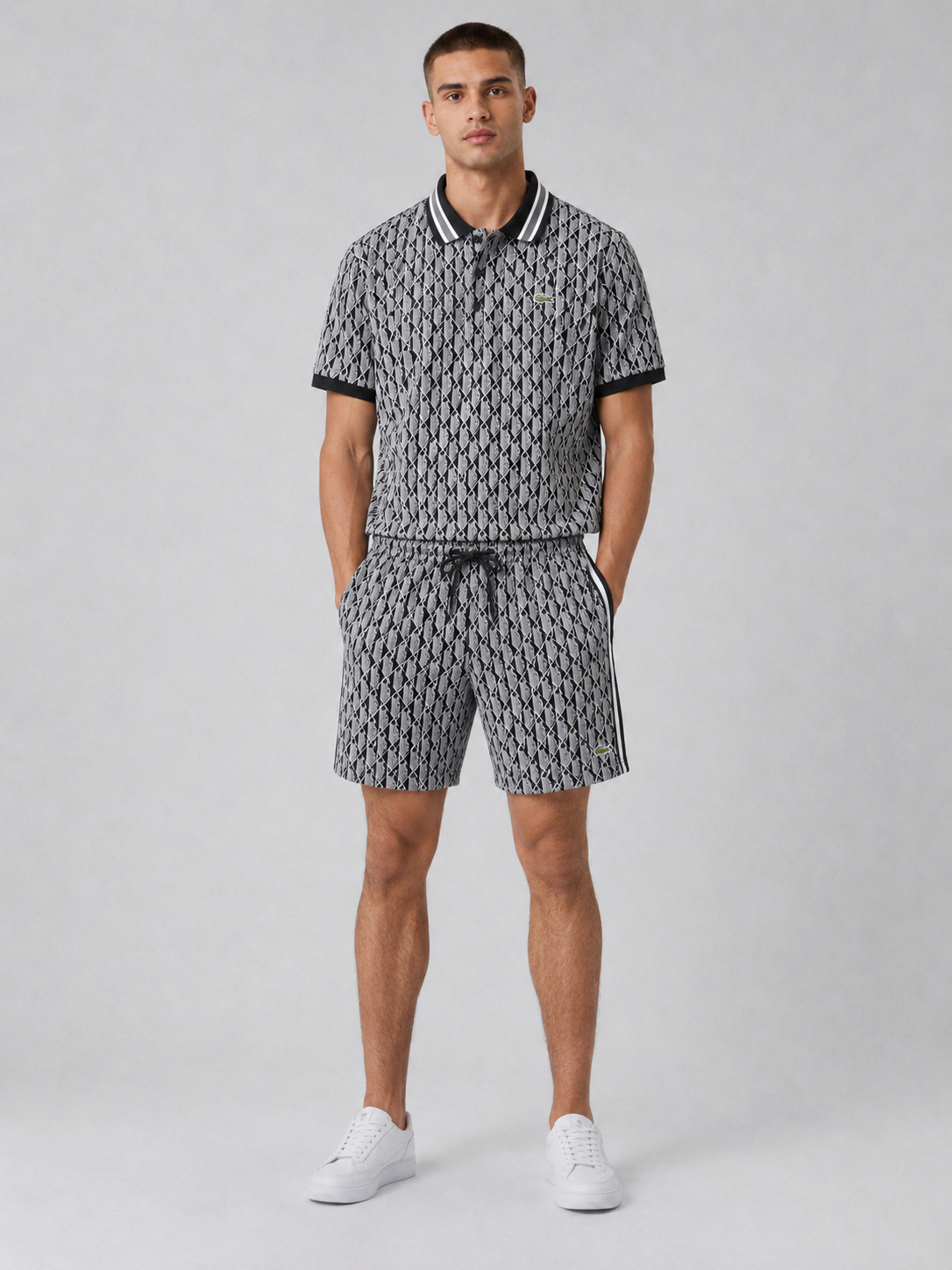 Black & White Geometric Polo Shirt & Shorts Set