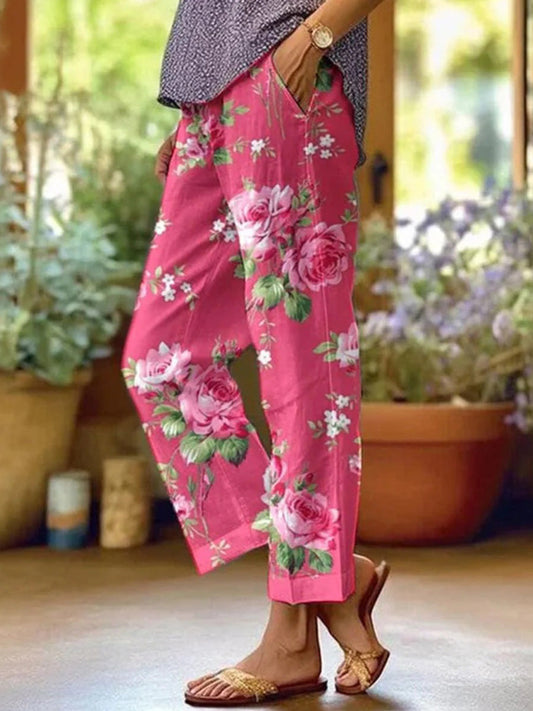 Pink floral print feminine trousers for women | Rosalie