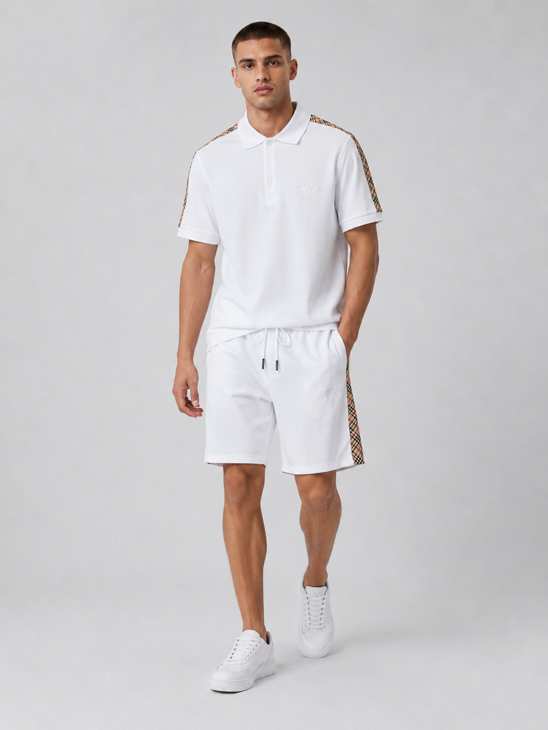 White Polo Shirt & Shorts Set – Plaid Side Detail