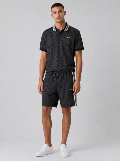 Striped Collar Black Printed Cotton T-Shirt & Shorts Set