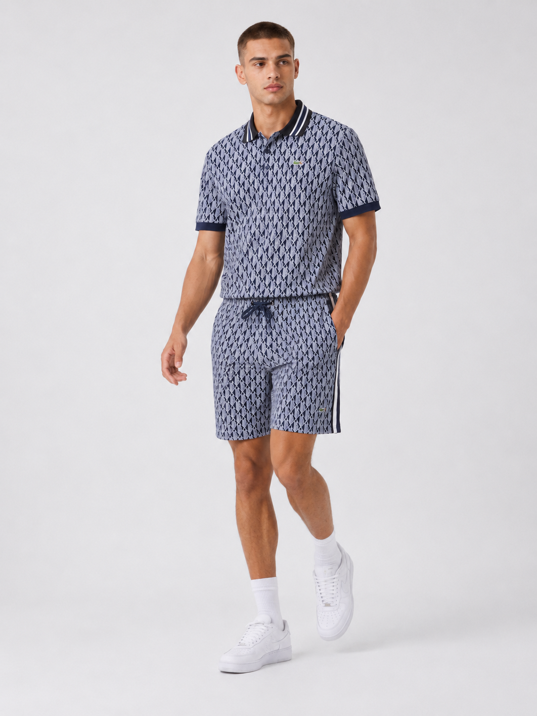 Navy Geometric Polo Shirt & Shorts Set