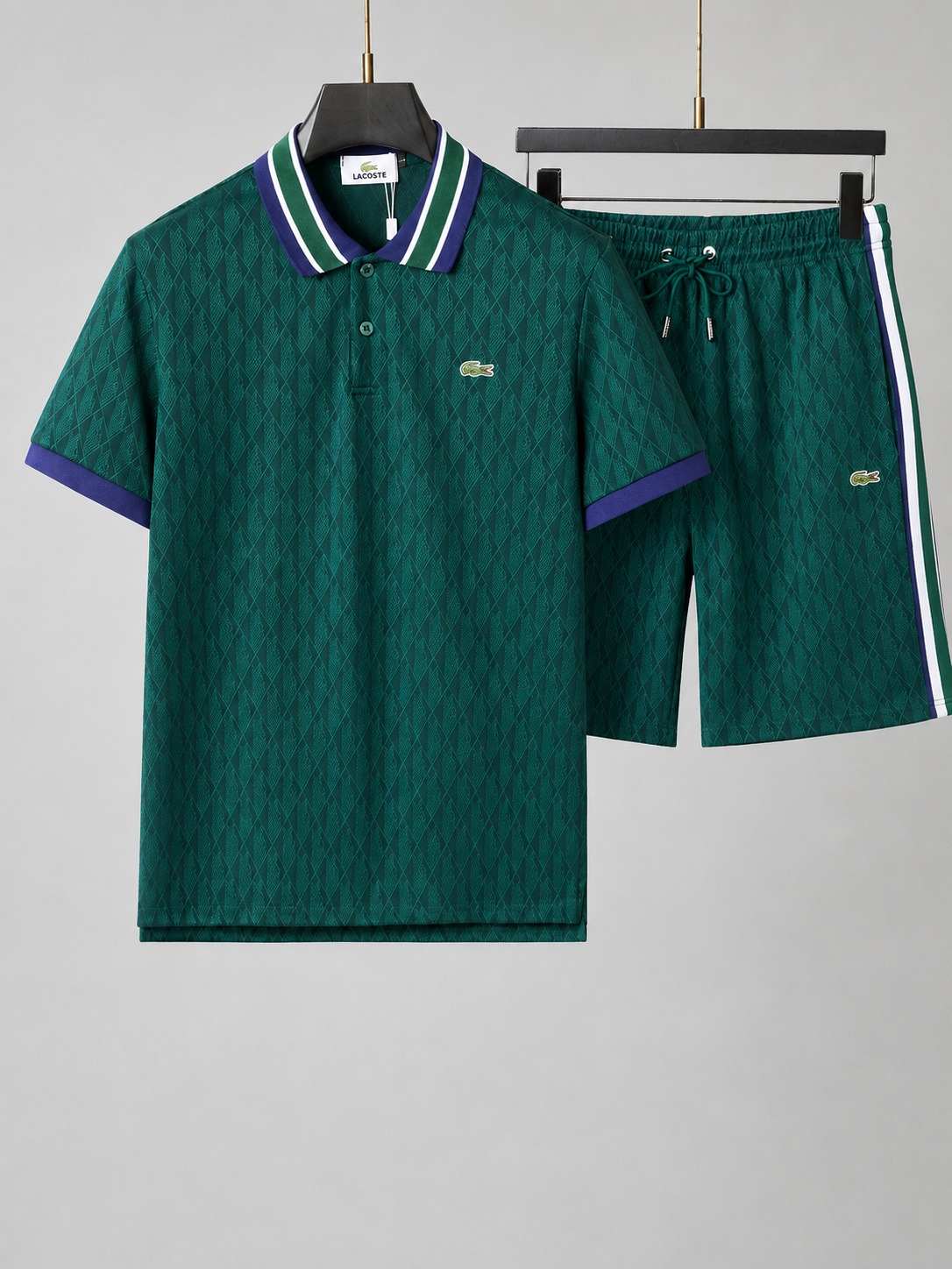 Striped Collar Green Printed Cotton T-Shirt & Shorts Set