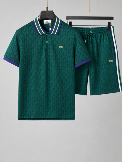 Striped Collar Green Printed Cotton T-Shirt & Shorts Set