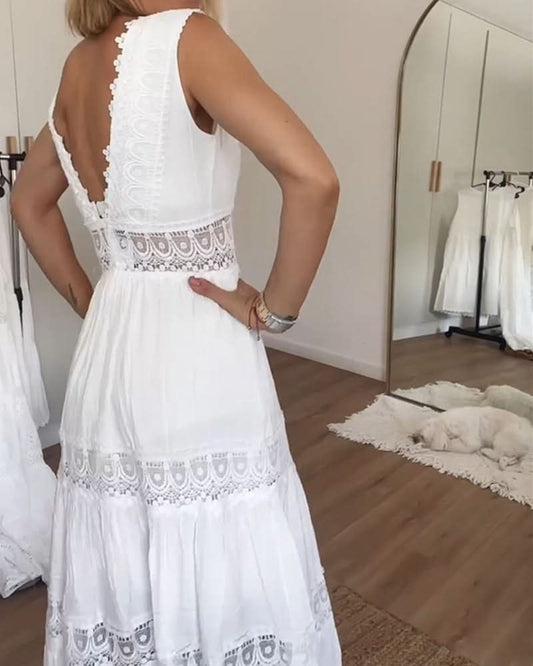 Lace V-neck flowing tiered maxi dress for women | Rose