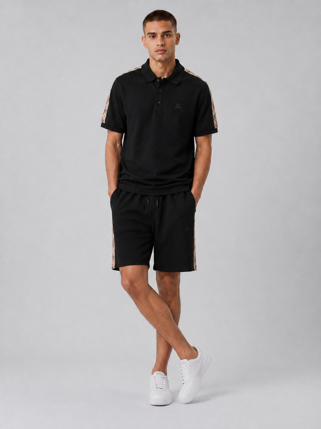 Black Polo Shirt & Shorts Set – Plaid Side Detail