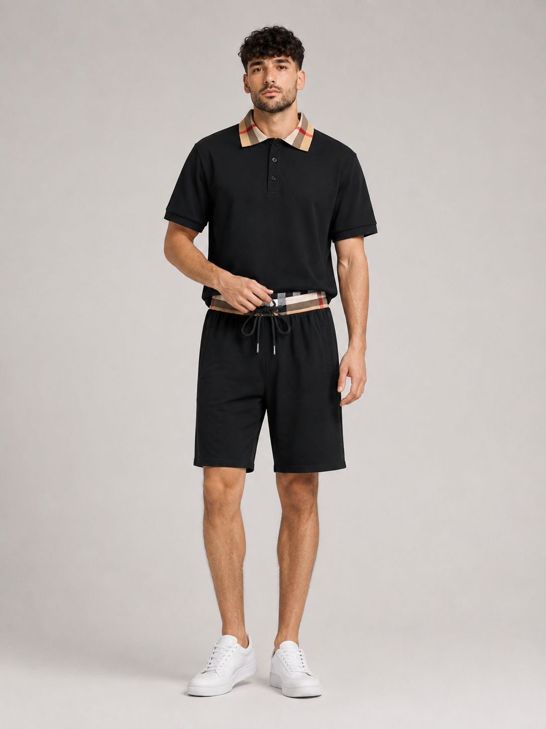 Black Polo Shirt & Shorts Two-Piece Set