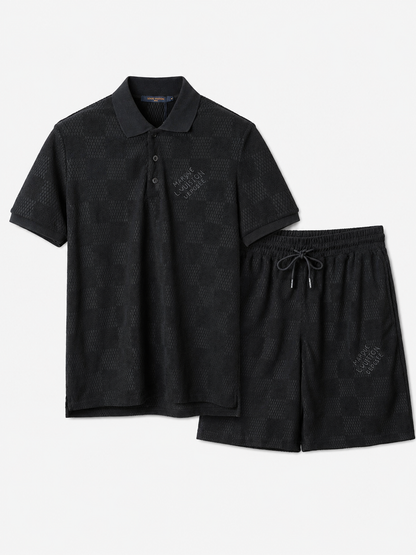 Black Textured Polo Shirt & Shorts Set
