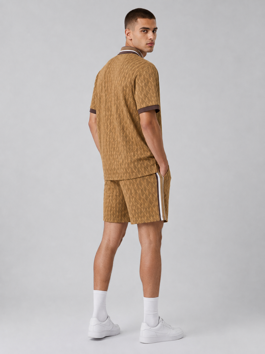 Striped Collar Brown Cotton T-Shirt & Shorts Set