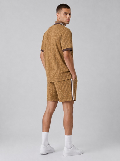 Striped Collar Brown Cotton T-Shirt & Shorts Set