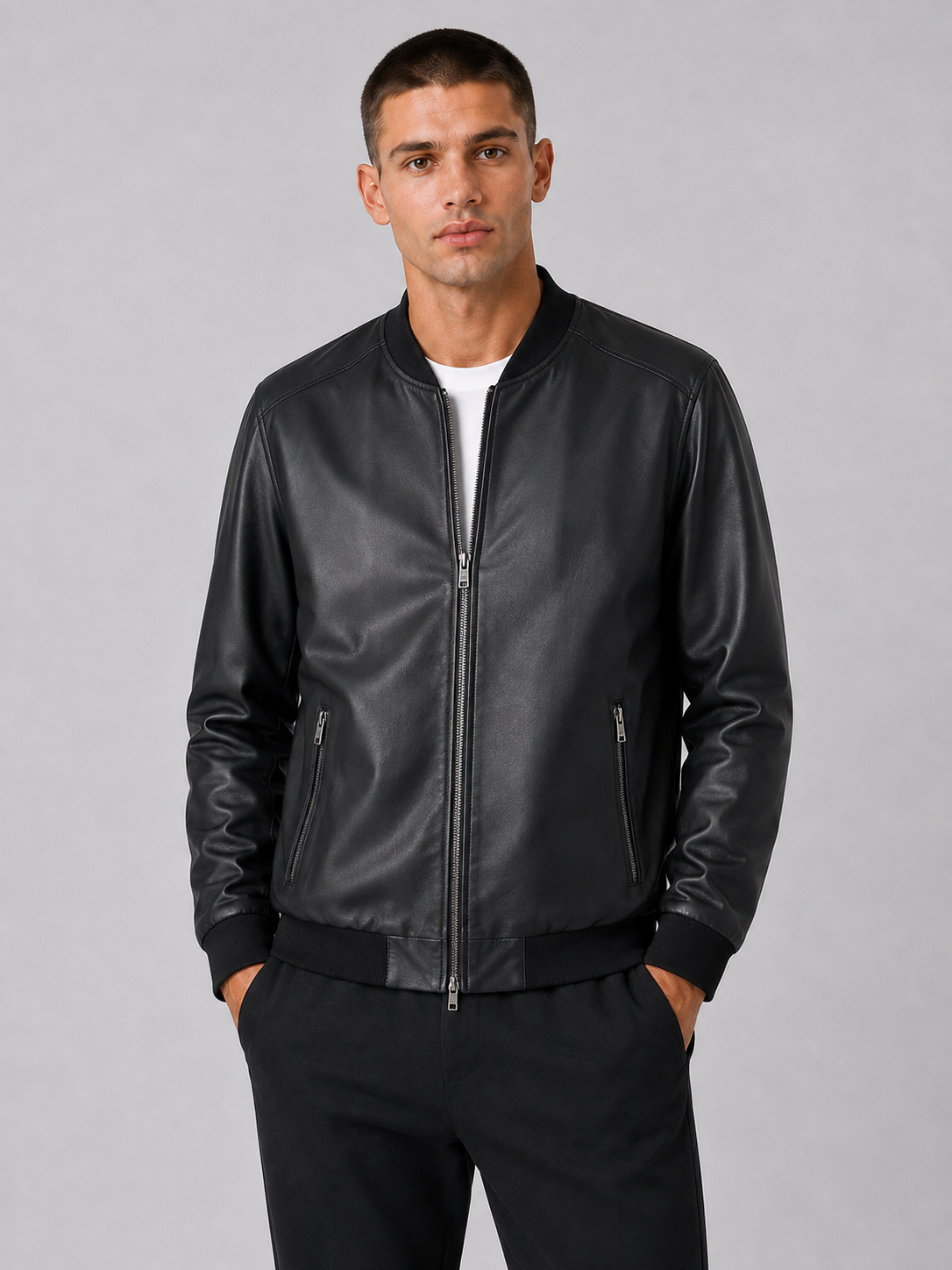 PU Leather Baseball Collar Jacket