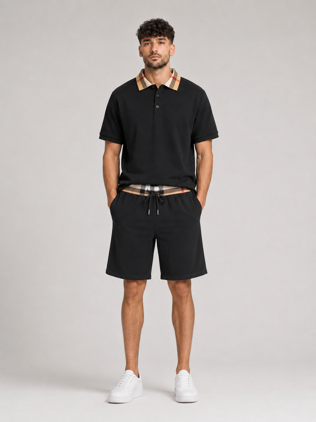 Black Polo Shirt & Shorts Two-Piece Set