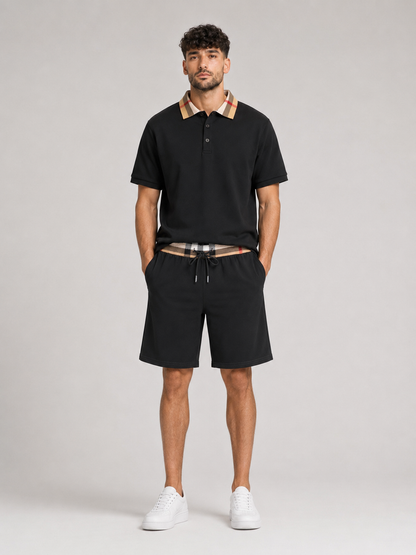 Black Polo Shirt & Shorts Two-Piece Set