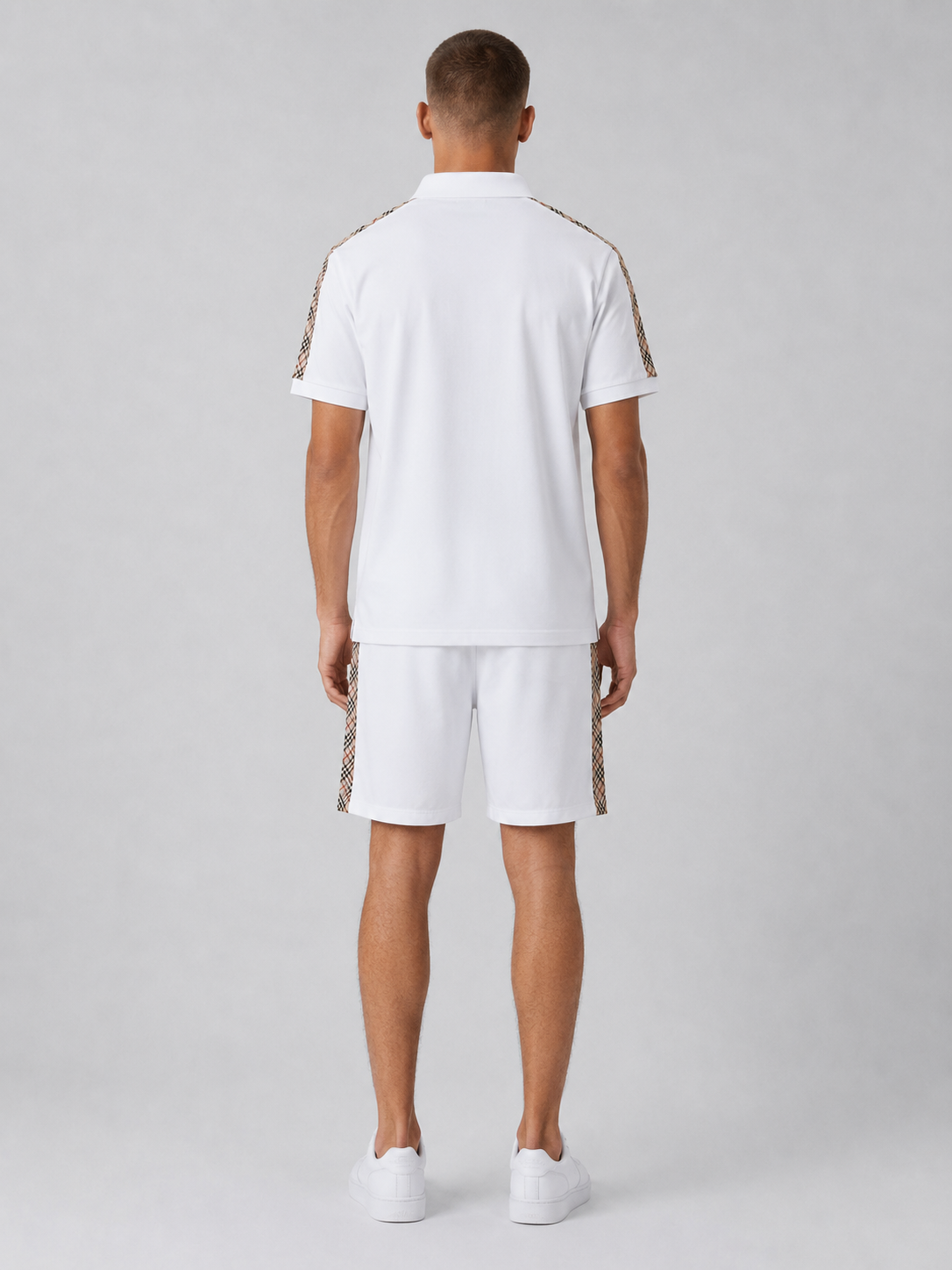 White Polo Shirt & Shorts Set – Plaid Side Detail