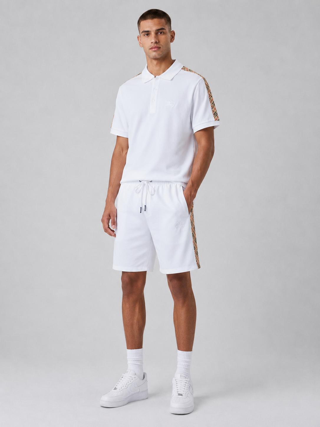 White Polo Shirt & Shorts Set – Plaid Side Detail