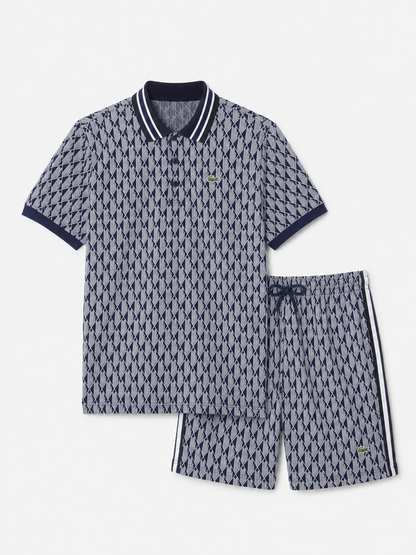 Navy Geometric Polo Shirt & Shorts Set