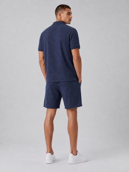Navy Textured Polo Shirt & Shorts Set