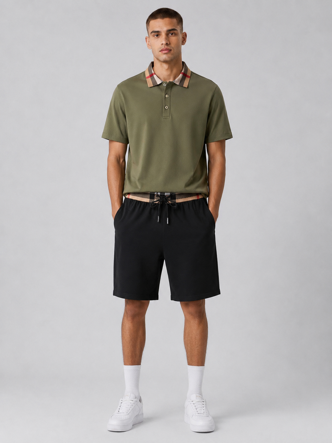 Olive Green Polo Shirt & Shorts Two-Piece Set