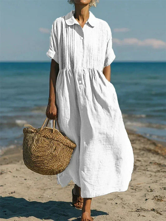 Casual button-front mid sleeve relaxed dress for women | Fionna