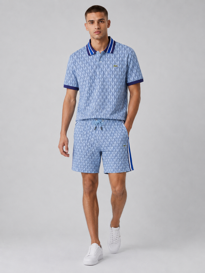 Striped Collar Light Blue Printed Cotton T-Shirt & Shorts Set