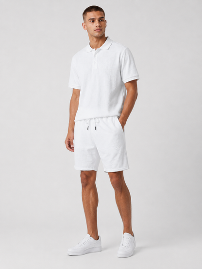 White Textured Polo Shirt & Shorts Set