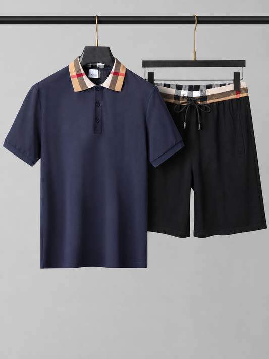Navy Blue Polo Shirt & Shorts Two-Piece Set