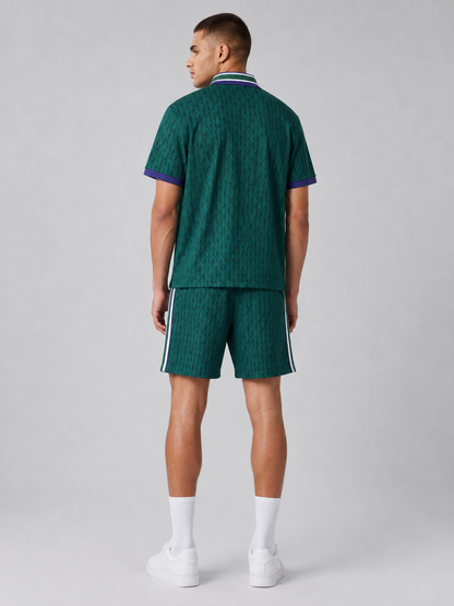 Striped Collar Green Printed Cotton T-Shirt & Shorts Set