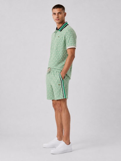 Striped Collar Lime Green Printed Cotton T-Shirt & Shorts Set