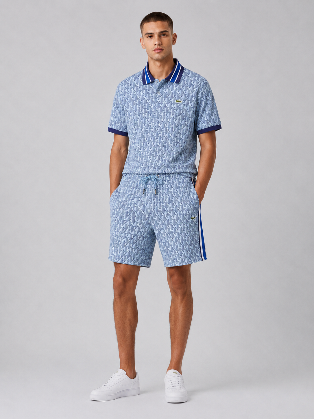 Striped Collar Light Blue Printed Cotton T-Shirt & Shorts Set