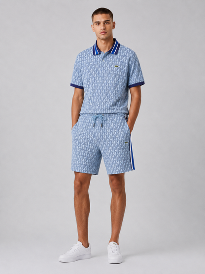 Striped Collar Light Blue Printed Cotton T-Shirt & Shorts Set