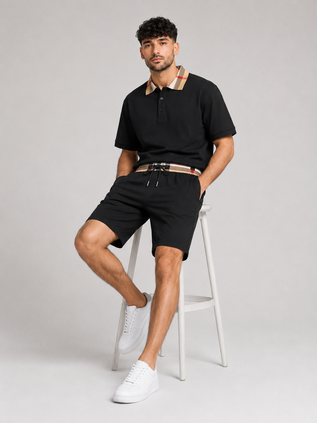 Black Polo Shirt & Shorts Two-Piece Set