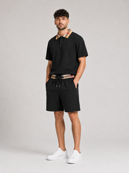 Black Polo Shirt & Shorts Two-Piece Set