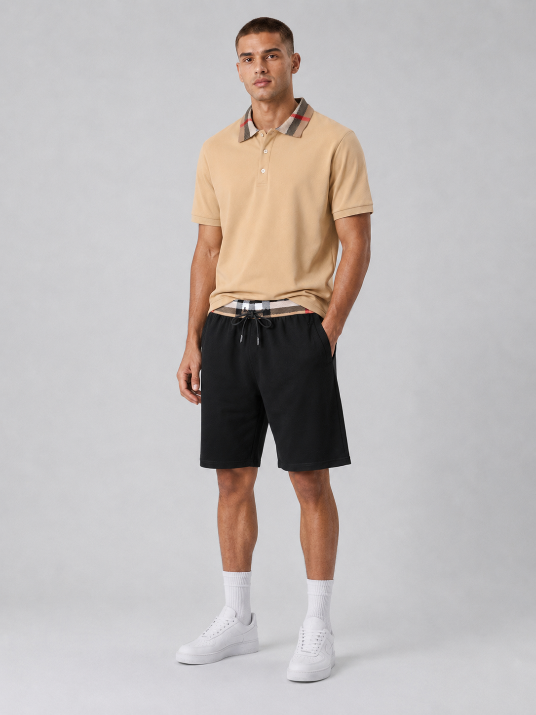 Beige Polo Shirt & Shorts Two-Piece Set