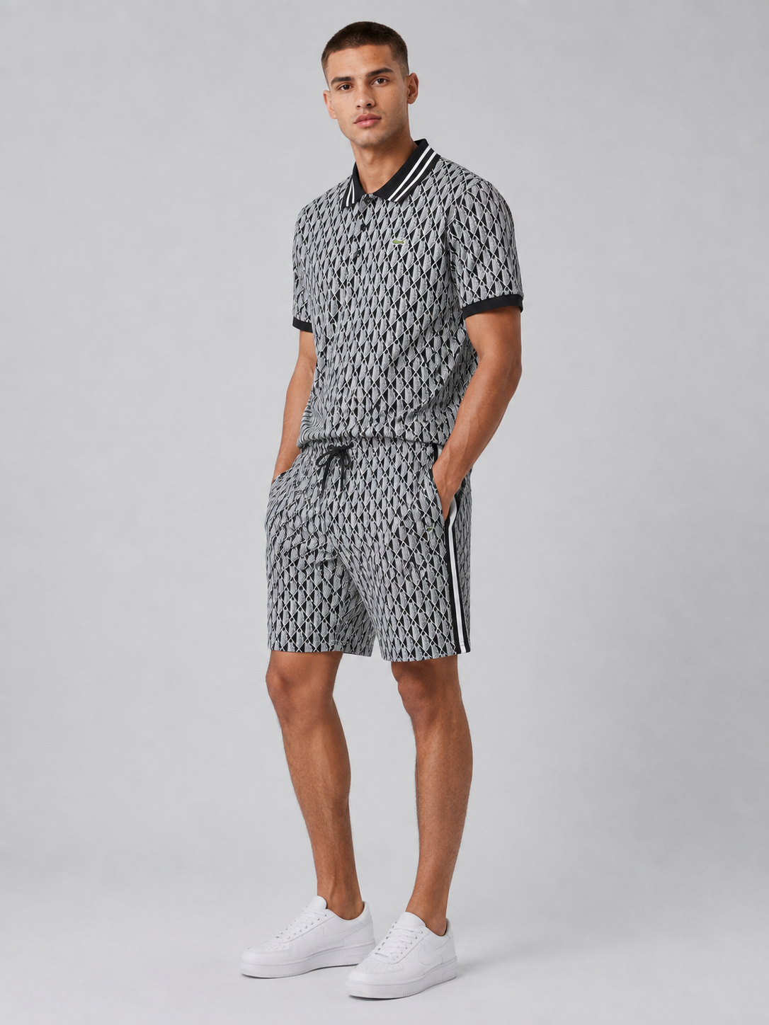 Black & White Geometric Polo Shirt & Shorts Set