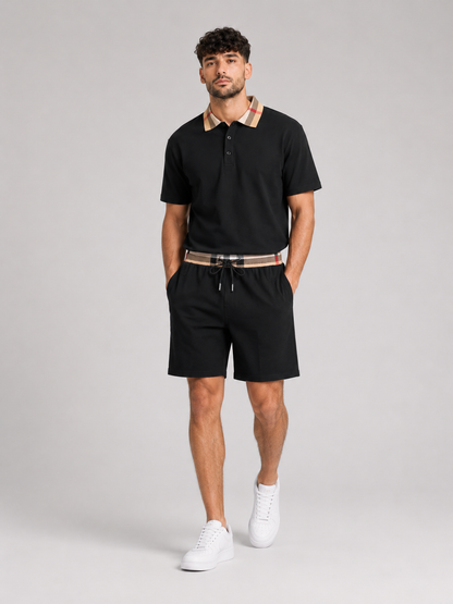 Black Polo Shirt & Shorts Two-Piece Set
