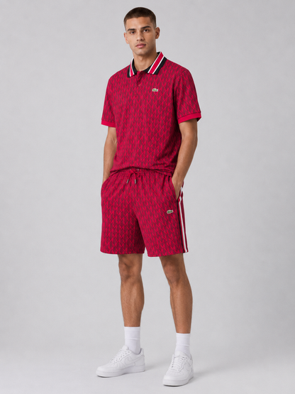 Striped Collar Red Printed Cotton T-Shirt & Shorts Set
