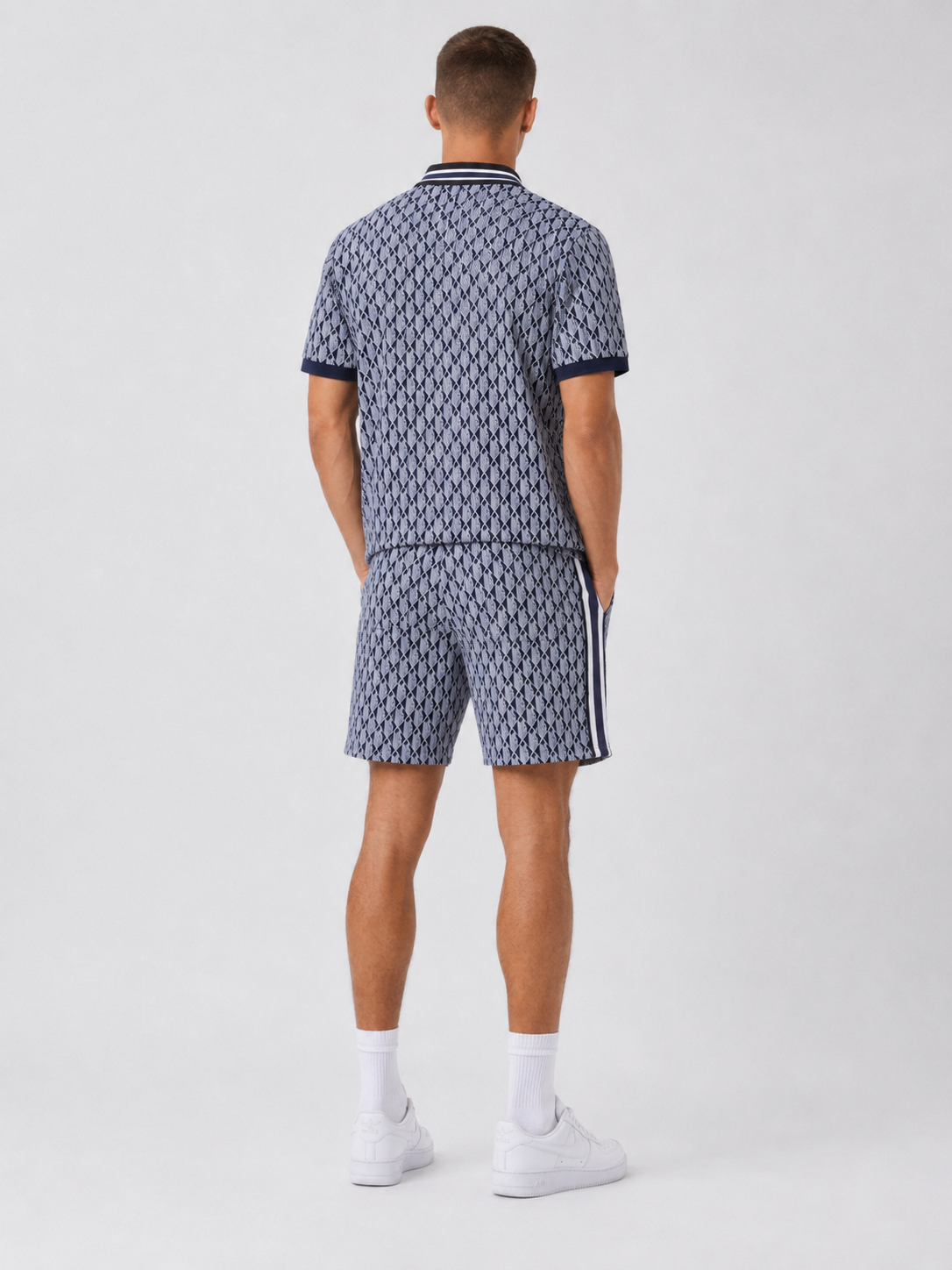 Navy Geometric Polo Shirt & Shorts Set