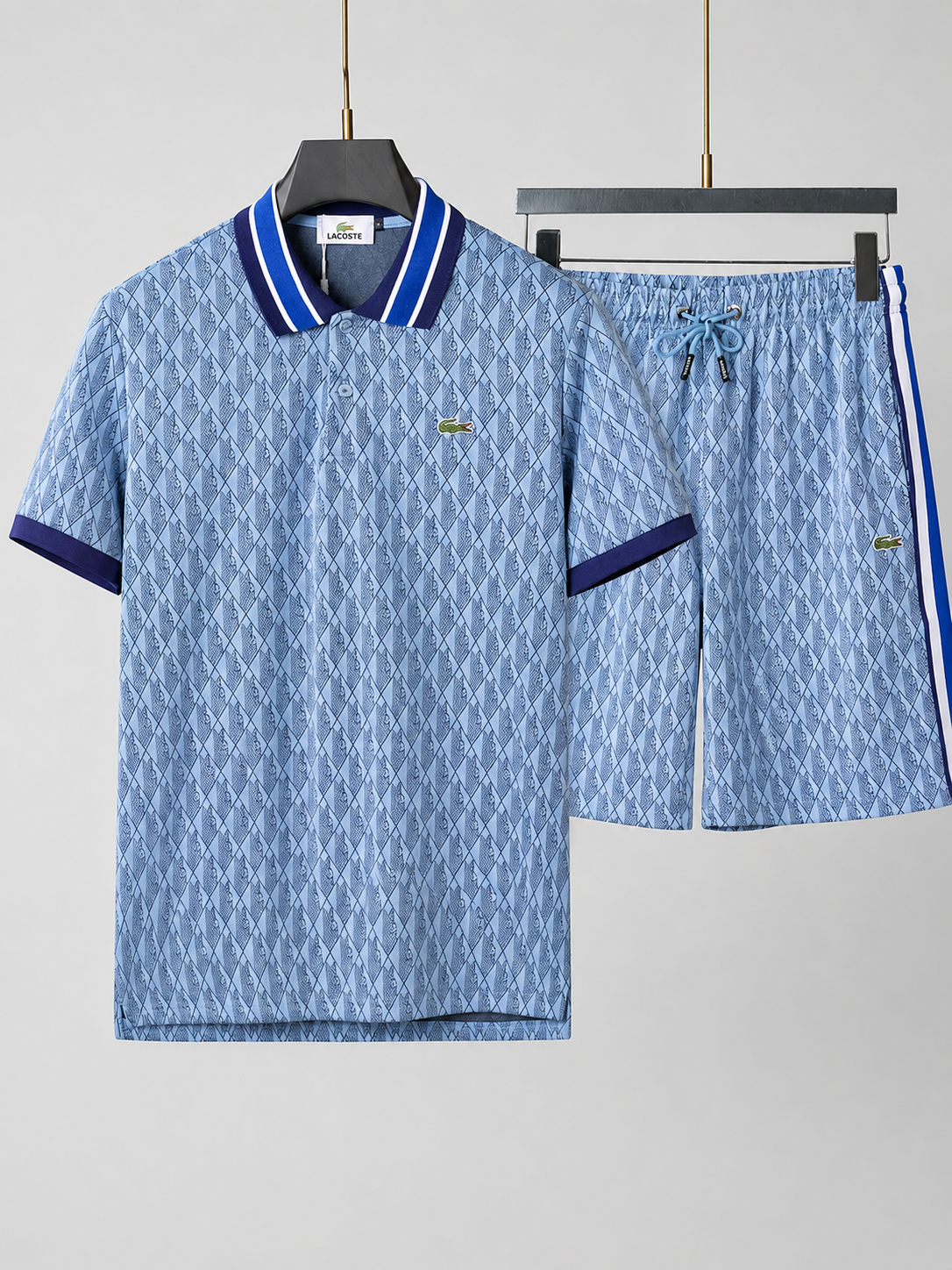Striped Collar Light Blue Printed Cotton T-Shirt & Shorts Set