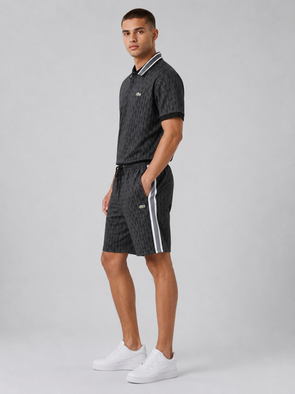 Striped Collar Black Printed Cotton T-Shirt & Shorts Set