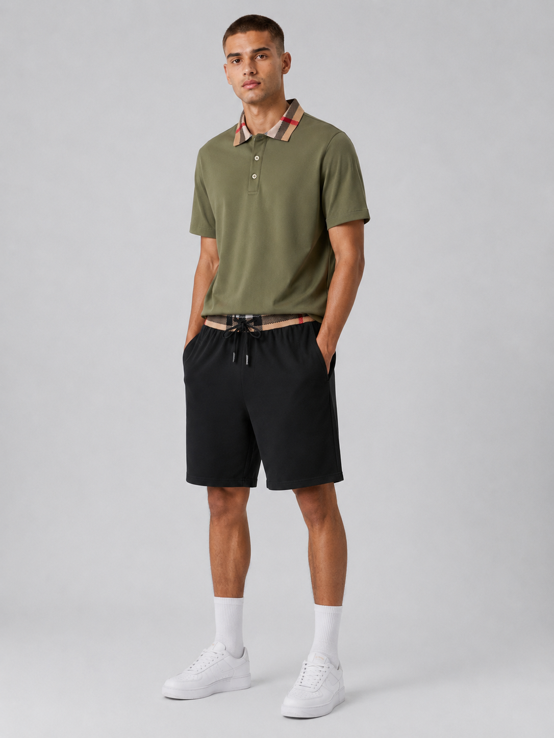 Olive Green Polo Shirt & Shorts Two-Piece Set