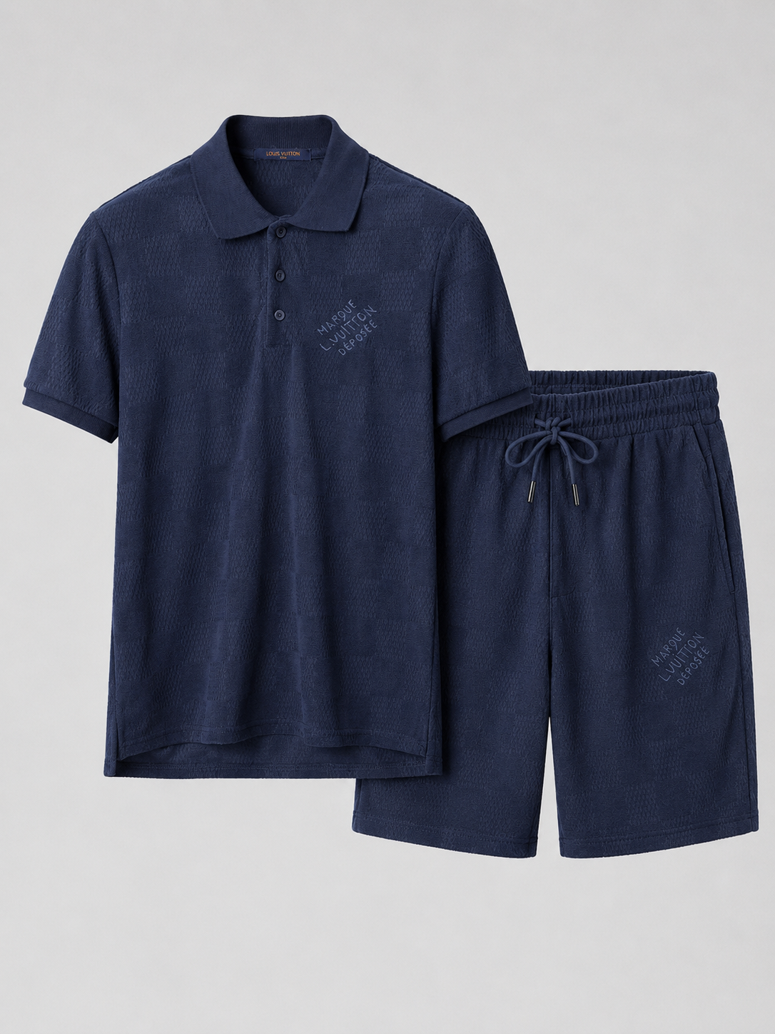 Navy Textured Polo Shirt & Shorts Set