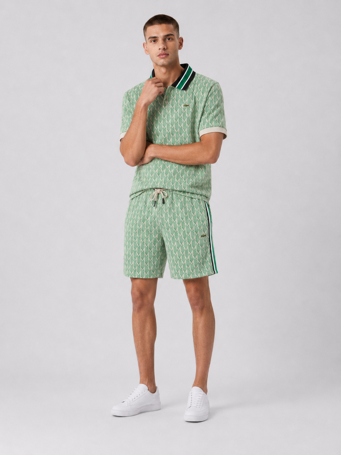 Striped Collar Lime Green Printed Cotton T-Shirt & Shorts Set